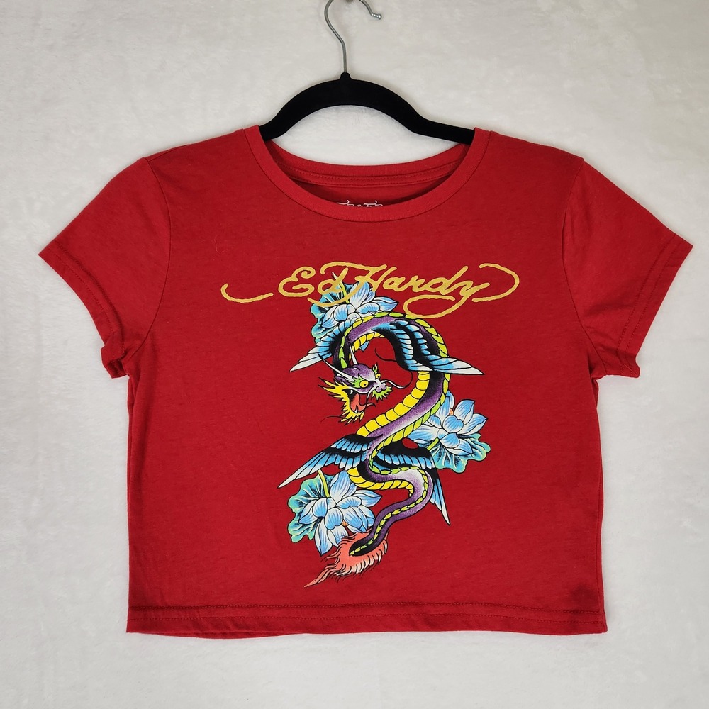 Ed Hardy Red Dragon Graphic Baby Tee Crop Top Women Medium Y2K Tattoo Style